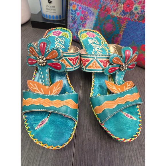 Corkys Shoes - Corkys Elite Wedge Sandals Women 8 Turquoise Leather Slip On Floral Shoes